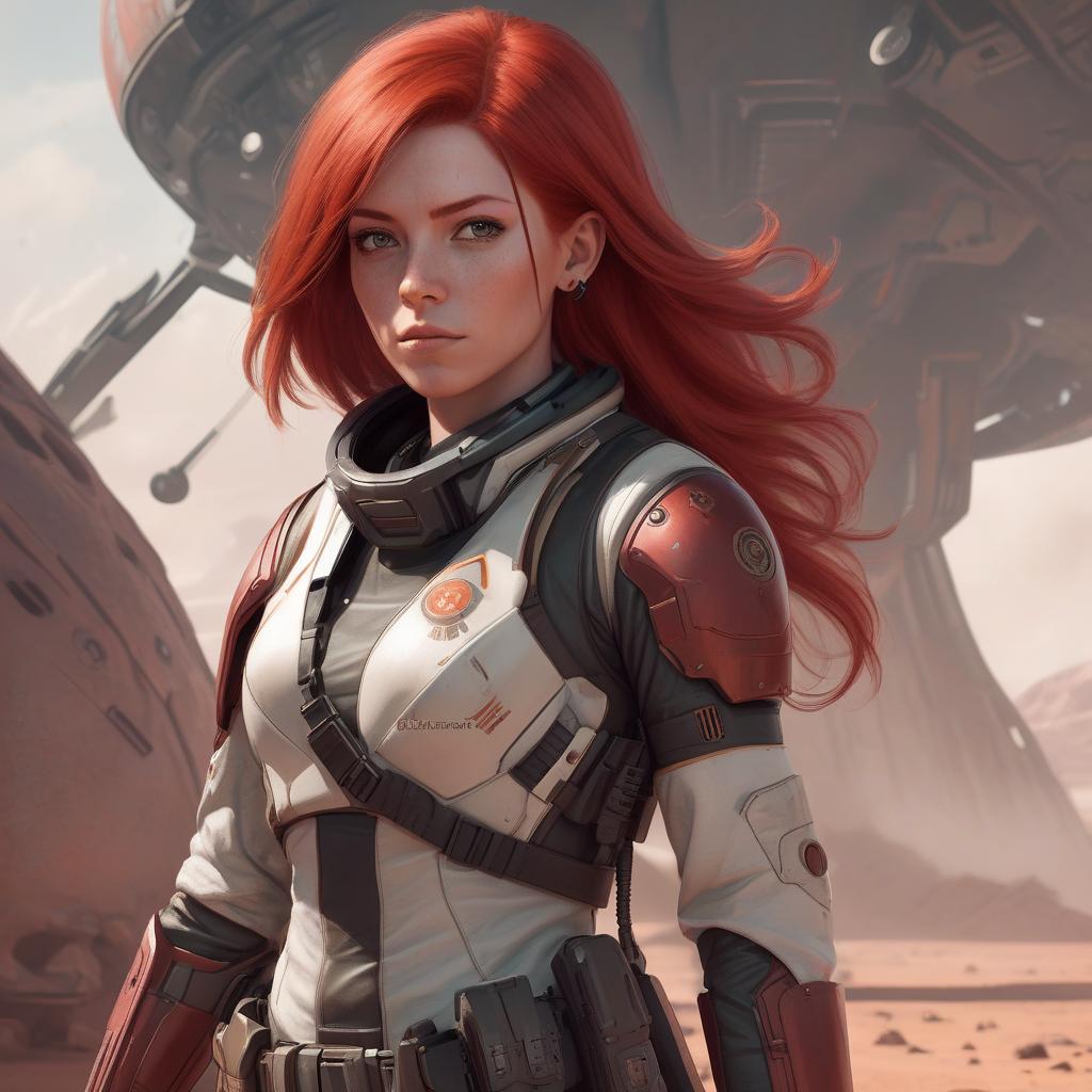  draw a full length female character, red hair, a character living on a distant colonized planet, specialization mercenary