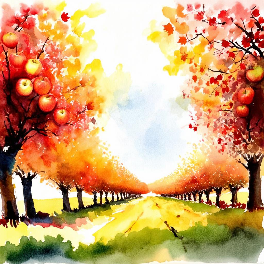  artwork create a photo of an autumn apple orchard, watercolor techniques, featuring fluid colors, subtle gradients, transparency associated with watercolor art