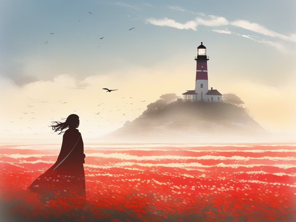  cape,vermilion,flower field,lighthouse,morning glow,girl silhouette,fleeting feeling,