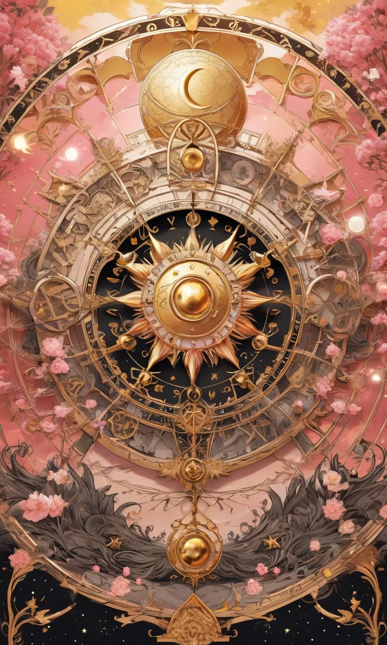  concept art pink, gold, black, white tarot wheel of fortune everywhere stars, moon, sun . digital artwork, illustrative, painterly, matte painting, highly detailed, perfect hands