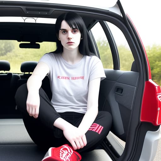  lady, early twenties, pale skin, black medium straight hair. wearing a red t shirt, grey joggers and red trainers. she is sitting inside her car, driving, anxious