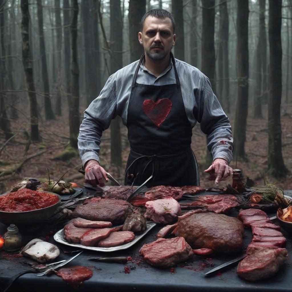  macabre style a feast of prisoners in the forest near the house of the huntsman, the huntsman himself and other people who are not prisoners is not in the picture. on the table should be meat, there may be cutlets, tartar, and in the center of the table should be baked organs such as the heart and stomach. nearby should be a man 212 in a cook's apron contaminated with blood . dark, gothic, grim, haunting, highly detailed