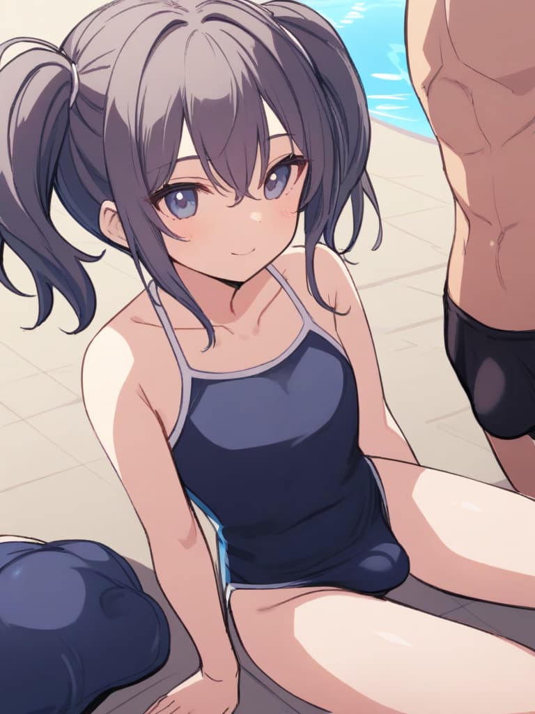  women's elementary students (male), twin tails, cute smiles, (rich s), low stature, dark blue swimwear, old swimwear, , simple (upward), male , (bulge), shaped clear , front , whole body, pool side,