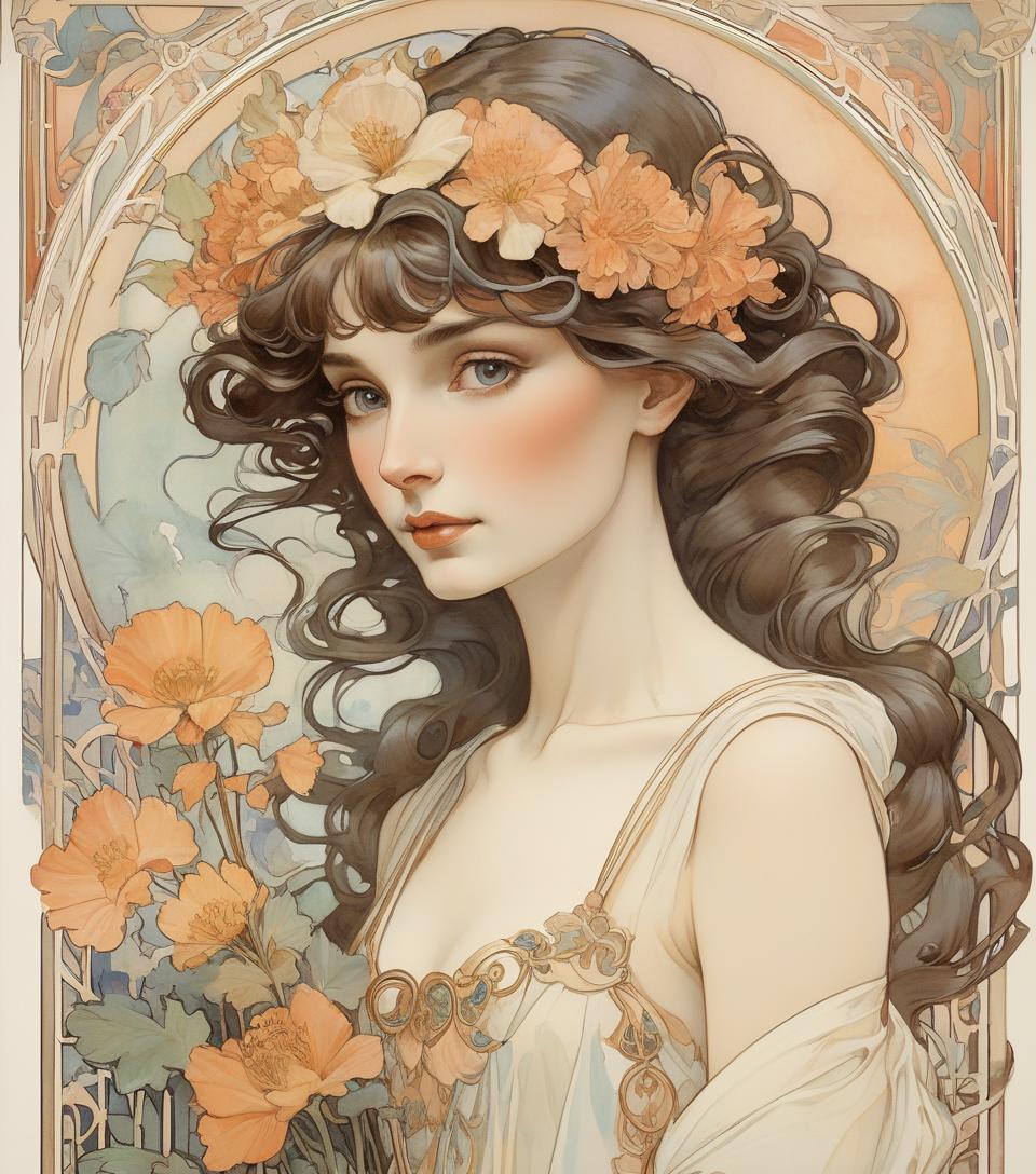  depicting a beautiful woman with flowers , (audrey hepburn:0.8), highly detailed watercolor, the style of alphonse maria mucha and gustave kielmuth, art nouveau accents, fairy tale princess, anthropomorphic woman, female image, detailed cover design, as a flower god, alphonse mucha, by gustav klimt, pale skin, marble sculpture, society, gothic art, art nouveau, winner of the behance competition