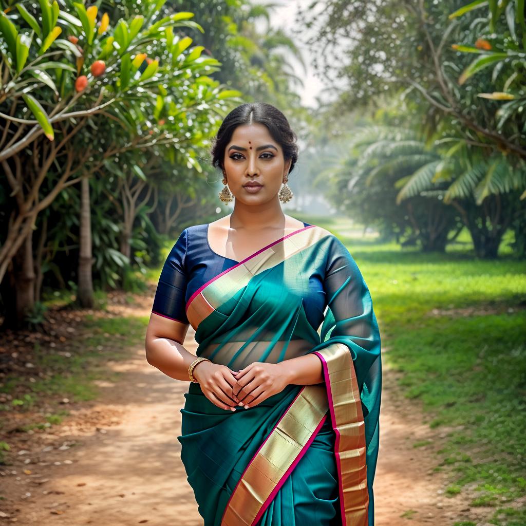  A Huge chubby Woman holding mangos in Hand, Saree and pallu, Clean face, mango Trees, No saturation, low vibrant hyperrealistic, full body, detailed clothing, highly detailed, cinematic lighting, stunningly beautiful, intricate, sharp focus, f/1. 8, 85mm, (centered image composition), (professionally color graded), ((bright soft diffused light)), volumetric fog, trending on instagram, trending on tumblr, HDR 4K, 8K