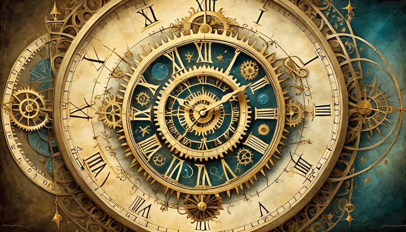  on parchment, surrealism+++, a celestial clock with intricate gears turning, golden light, hands pointing to divine symbols, timing, perfection(mysterious, provocative, symbolic,muted color)+++