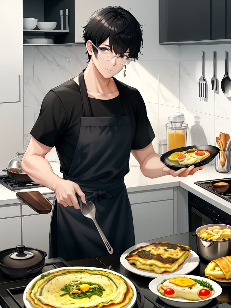  one man, black hair black eyes, short hair, (omelet), cooking, kitchen, bubbles, bowl, apron, fun men, glasses