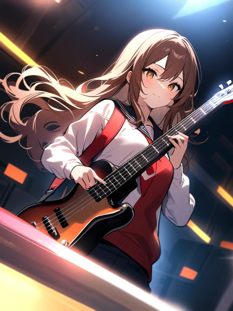  (beautiful girl:1.5){rock band girl:1.5}(brown hair:1.5)(long hair:1.7)(wavy hair:1.5)(with a electric bass guitar:2.0){in sailor uniform:1.7}{smiling}{playing guitar happily:2.0} {upper body}{in the classroom} masterpiece,high quality,16k,super analysis,correct finger position,correct number of fingers