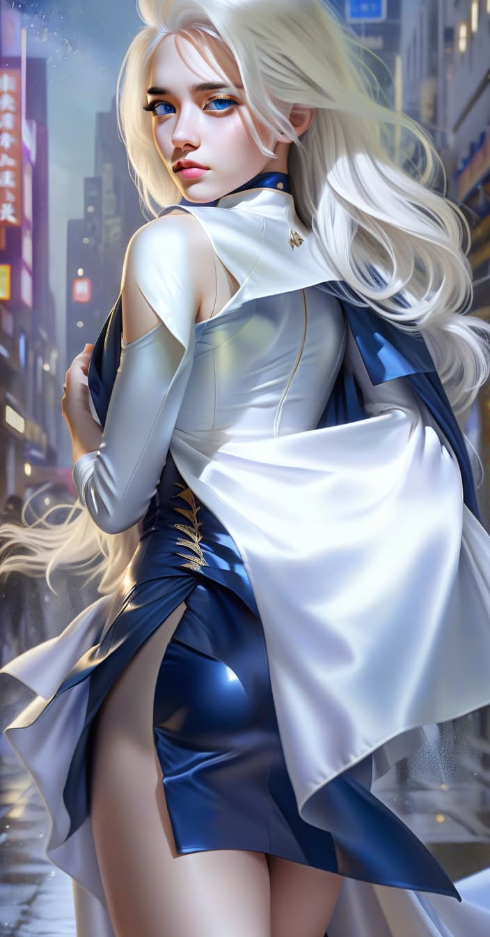  hyperrealistic art girl, bright dark blue dress with a cut at the waist, white cape, white hair. . extremely high resolution details, photographic, realism pushed to extreme, fine texture, incredibly lifelike, perfecteyes, glowneon, hkmagic