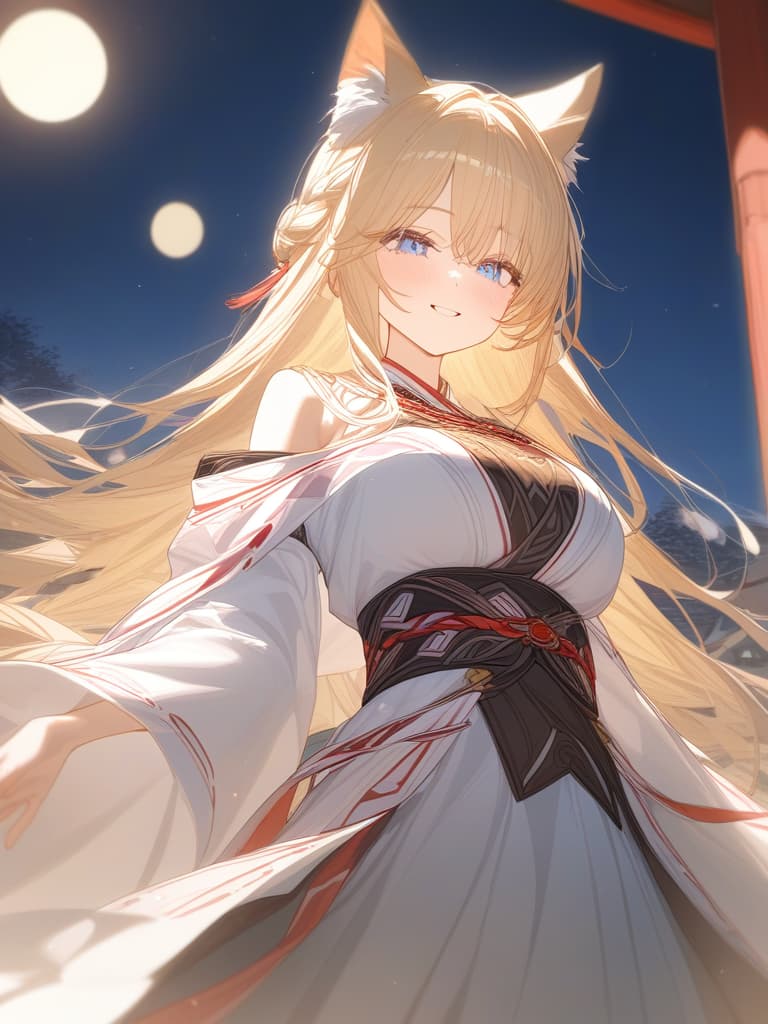  blond, blue eyes, night, big moon, shrine maiden, wolf ears, up, smile, masterpiece, best quality,8k,ultra detailed,high resolution,an extremely delicate and beautiful,hyper detail