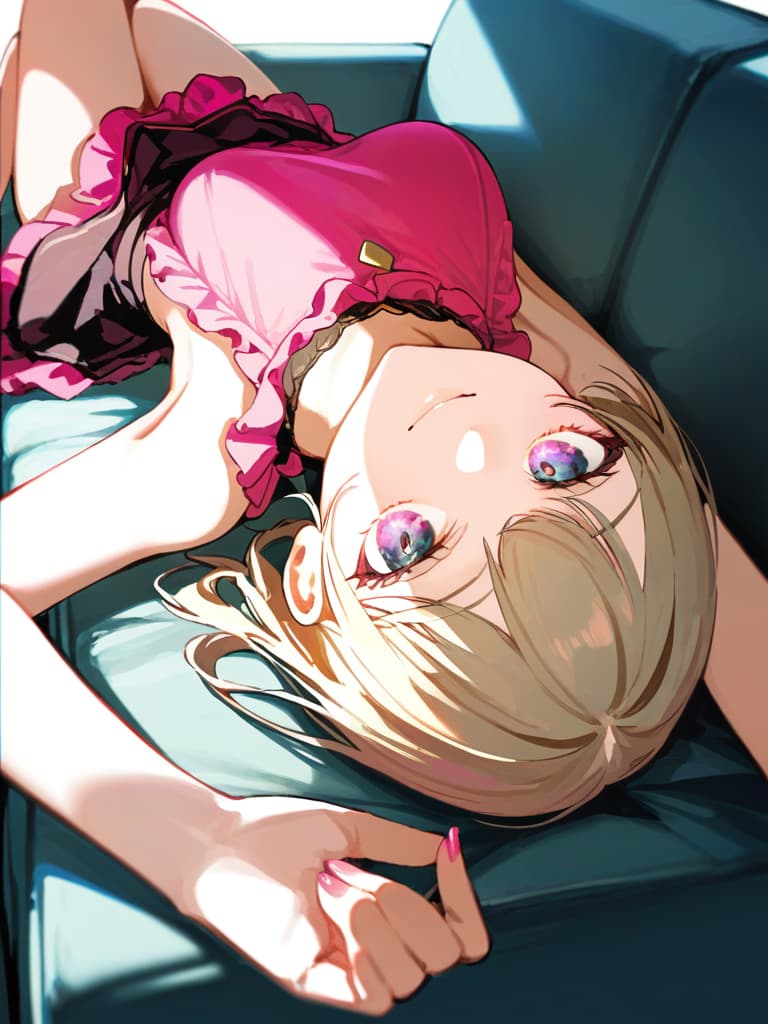  ultra detailed:1.2,masterpiece:1.2,best quality,masterpiece,bestquality,hdr:1.1,8k:1.1,very cute girl:1.3,(pink color,frill dress:1.6),(lying on side:1.4),smile:1.4 ,(blonde hair,twin tail,drill hair:1.3) ,(on the couch:1.7),upper body:1.3,dutch angel:1.5,close mouth,(upside down:1.7)(from above:1.1)((eyes highlight:1.1))