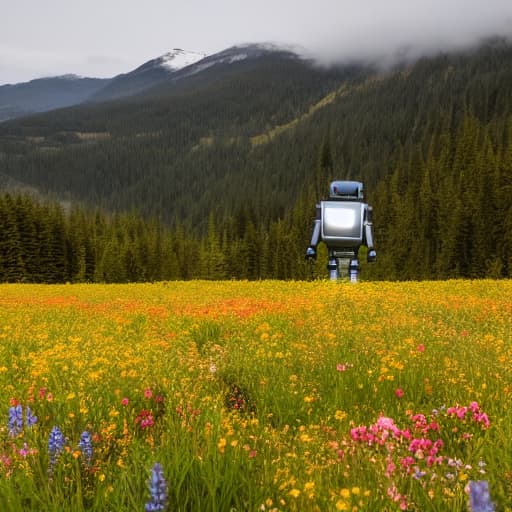 A solitary robot sitting in a field of wildflowers at sunset. hyperrealistic, full body, detailed clothing, highly detailed, cinematic lighting, stunningly beautiful, intricate, sharp focus, f/1. 8, 85mm, (centered image composition), (professionally color graded), ((bright soft diffused light)), volumetric fog, trending on instagram, trending on tumblr, HDR 4K, 8K