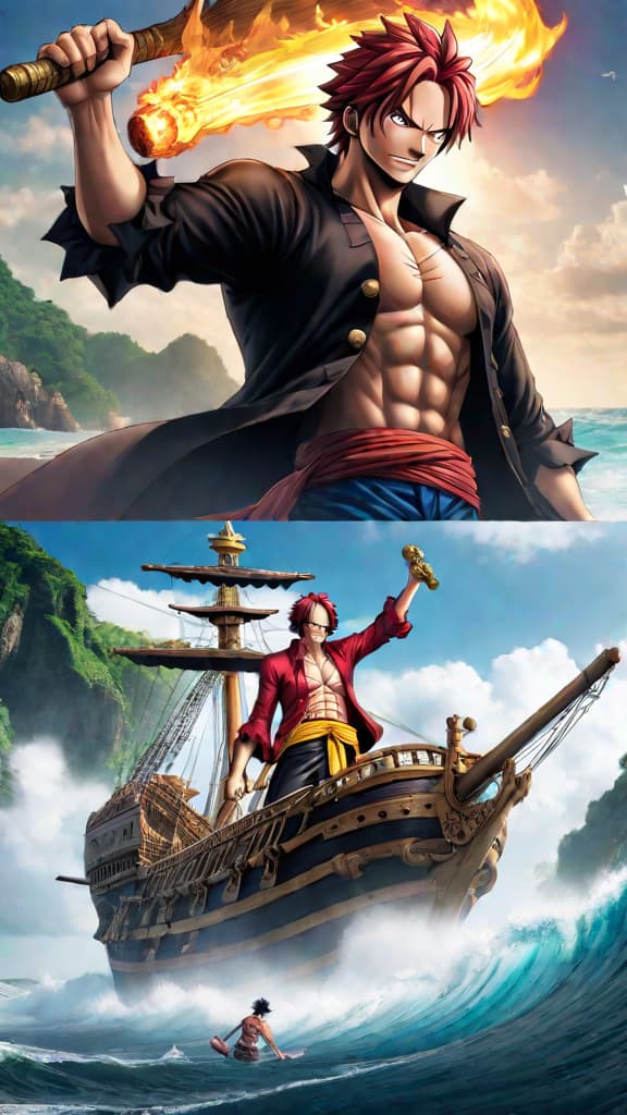  create an anime art of shanks sacrificing his arm to save luffy from the sea king in "one piece". hyperrealistic, full body, detailed clothing, highly detailed, cinematic lighting, stunningly beautiful, intricate, sharp focus, f/1. 8, 85mm, (centered image composition), (professionally color graded), ((bright soft diffused light)), volumetric fog, trending on instagram, trending on tumblr, HDR 4K, 8K