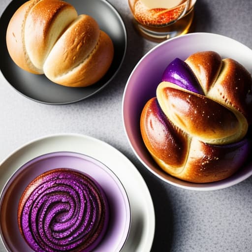  challah bread and a wine globet on a table decorated with purple glass in a bowl hyperrealistic, full body, detailed clothing, highly detailed, cinematic lighting, stunningly beautiful, intricate, sharp focus, f/1. 8, 85mm, (centered image composition), (professionally color graded), ((bright soft diffused light)), volumetric fog, trending on instagram, trending on tumblr, HDR 4K, 8K