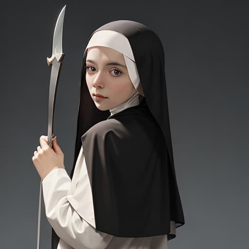  nun holding a sickle with her back to the camera.