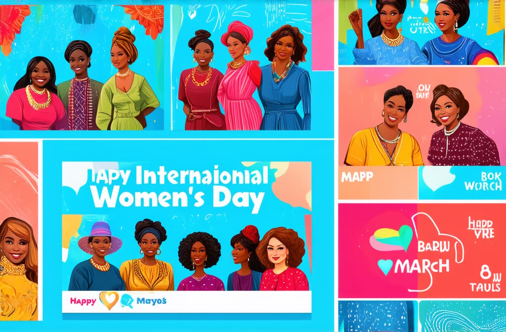  happy international women's day. march 8th. different races and nationalities. colored hand drawn vector illustrations. set of cards and seamless pattern ar 3:2 {prompt}, maximum details