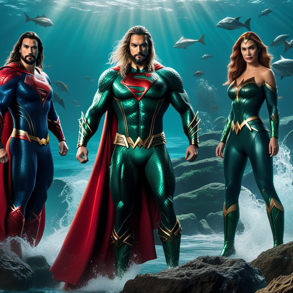  A highly detailed comic-style character design integrating more elements of Aquaman into a combined character with Superman, and specifically including Superman's iconic red cape. The character should prominently feature Aquaman's scaled armor, trident, and sea motifs, along with Superman's red cape flowing regally behind. Include features such as Aquaman's crown, oceanic tattoos, and elements reminiscent of water. The character should exude a heroic and commanding presence, with a dynamic pose that showcases Aquaman's connection to the ocean and Superman's iconic symbol of hope. Surround the character with an underwater backdrop to emphasize the aquatic theme, but make sure the red cape stands out. hyperrealistic, full body, detailed clothing, highly detailed, cinematic lighting, stunningly beautiful, intricate, sharp focus, f/1. 8, 85mm, (centered image composition), (professionally color graded), ((bright soft diffused light)), volumetric fog, trending on instagram, trending on tumblr, HDR 4K, 8K