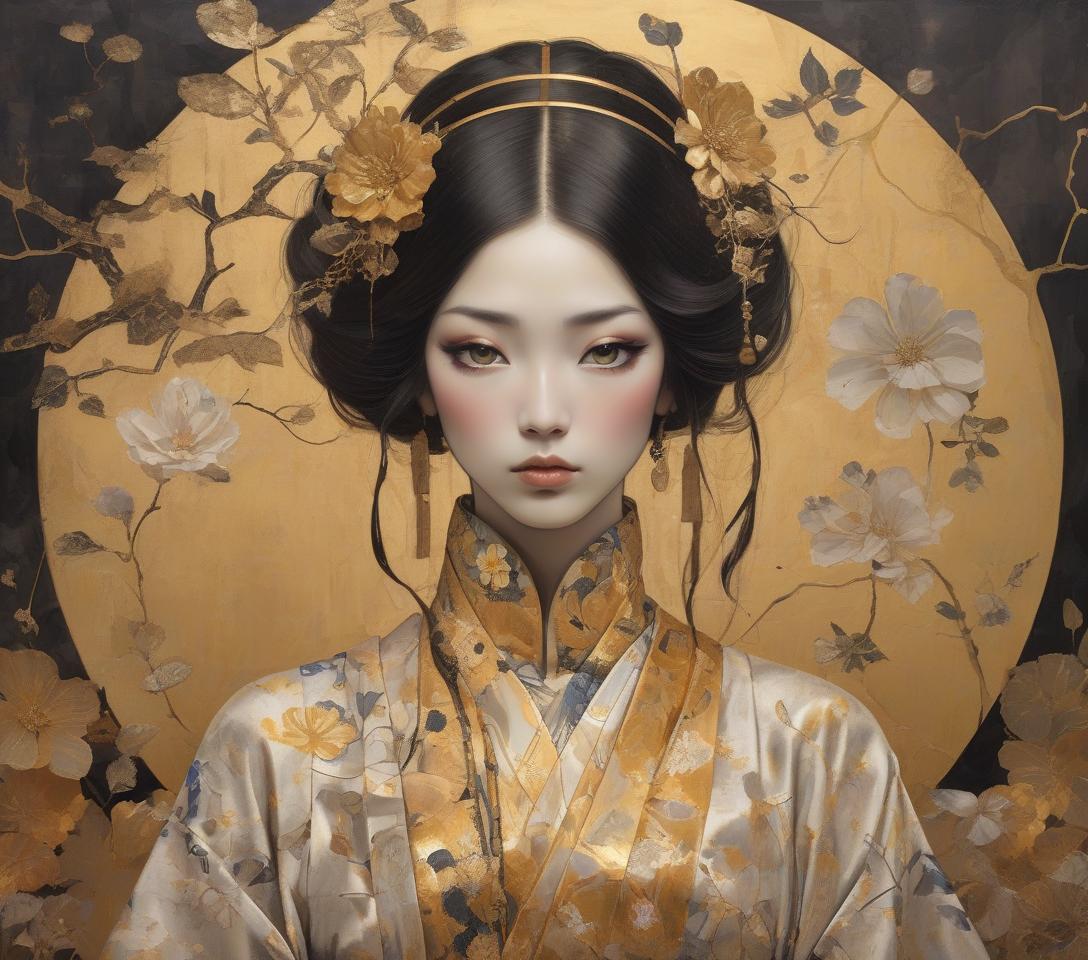  grunge style a mystical artwork with a female figure adorned with floral headpiece and golden attire, exuding an ethereal, otherworldly charm. imagine an intricately detailed image of a steampunk geisha, her vivid eyes with a dreaming look sparkle beneath long lashes. she is dressed in a gossamer silk kimono, embodying high contrast and decorative designs reminiscent of the art deco era. the portrait seamlessly integrates a mixed media collage approach for added dimension and texture. it pays homage to the flat, decorative patterns and vivid, unnatural colors championed by the symbolist movement (gustav klimt) and pre raphaelite (botticelli) artists, rendered with the depth and richness of oil painting. elements of kintsugi, using gold and