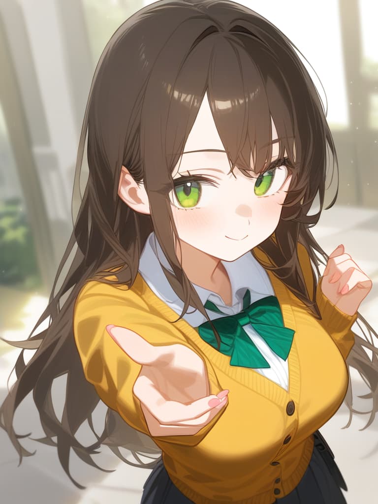  cute face focus,cute,brown hair,green eyes,y posing,cardigan,pleats skirt ,long hair