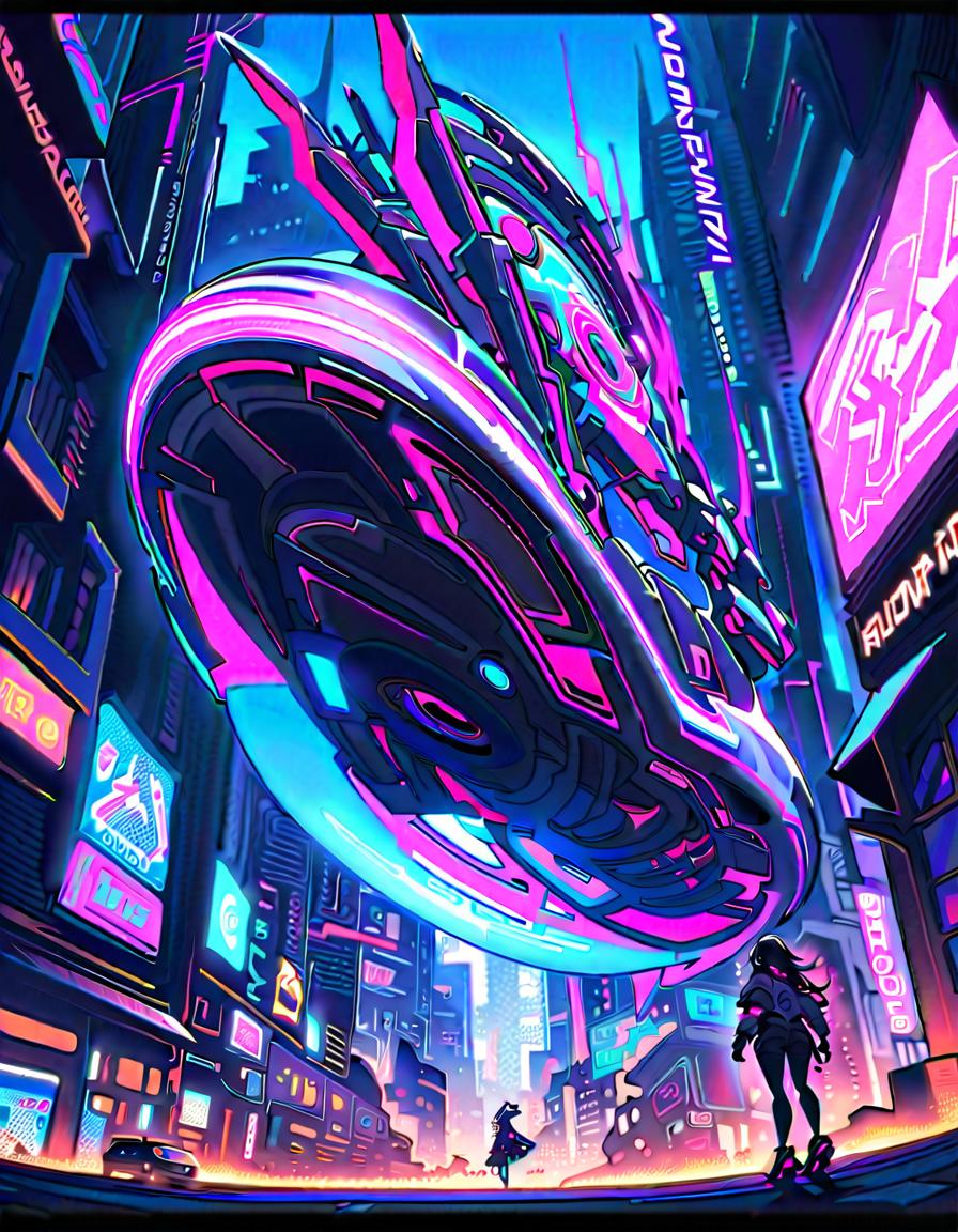  stylish, agile, beautiful 20 something., holding a weapon, leaping through the air., confident, break colorful, cyberpunk, graffiti filled city., neon lit urban street, graffiti, neon signs, futuristic vehicle, holographic screens, break futuristic and chaotic, vibrant colors, dynamic lighting effects, motion blur, art by mooncryptowow