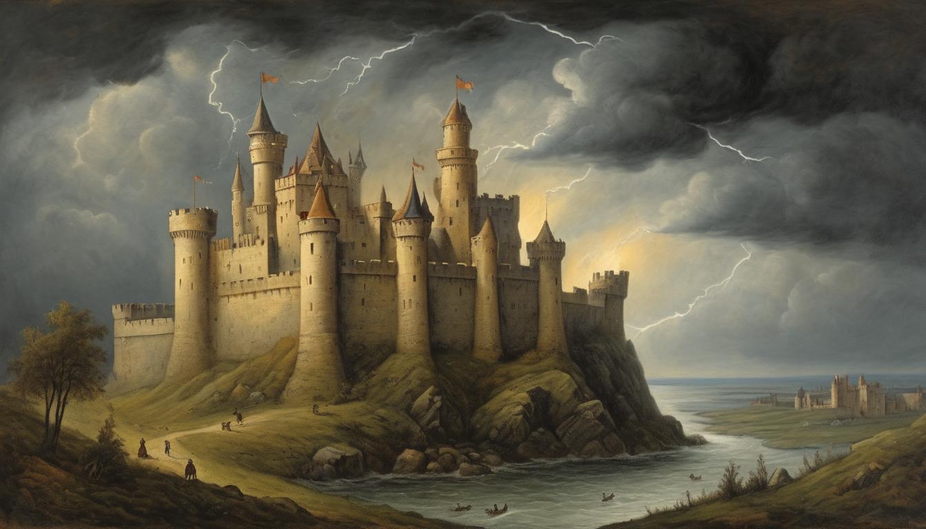  on parchment, surrealism++, a fortified castle with high walls, under a stormy sky, lightning striking in the background, castle stands tall, sense of security and folly(mysterious, provocative, symbolic)++