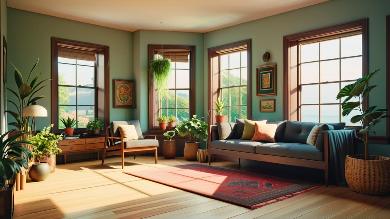  a serene, clutter free living space with soft natural light streaming through large windows, showcasing simple wooden furniture, potted plants, and a cozy reading nook, evoking a sense of calm and tranquility. hyperrealistic, full body, detailed clothing, highly detailed, cinematic lighting, stunningly beautiful, intricate, sharp focus, f/1. 8, 85mm, (centered image composition), (professionally color graded), ((bright soft diffused light)), volumetric fog, trending on instagram, trending on tumblr, HDR 4K, 8K