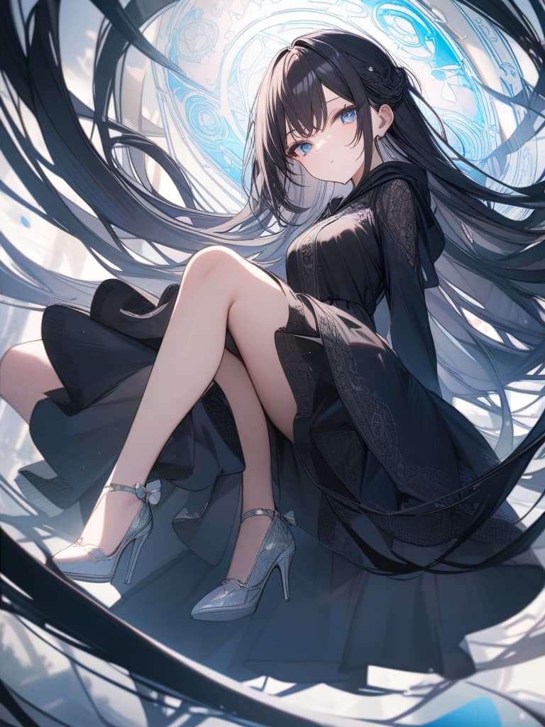  magical circle, blue eyes, super long long hair, white high heels, black and black dresses, black hair, hooded, floating, floating, masterpiece, best quality,8k,ultra detailed,high resolution,an extremely delicate and beautiful,hyper detail