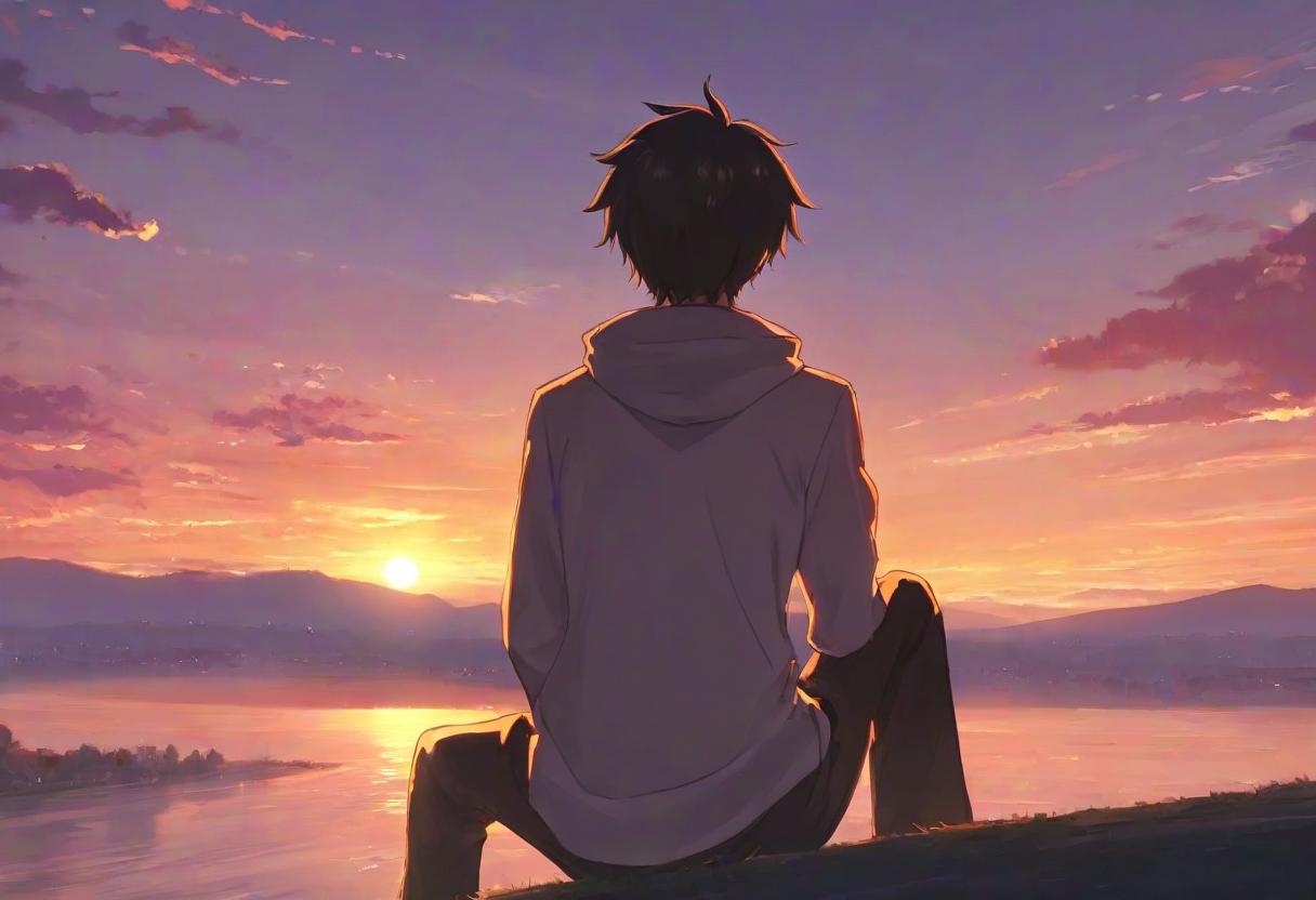  anime guy looks at a beautiful sunset