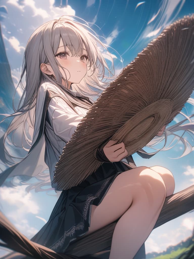  witch, hold a hat by hand, girls, sideways sitting on it, flying in the sky, riding on a broom, holding down the hat by hand, masterpiece, best quality,8k,ultra detailed,high resolution,an extremely delicate and beautiful,hyper detail