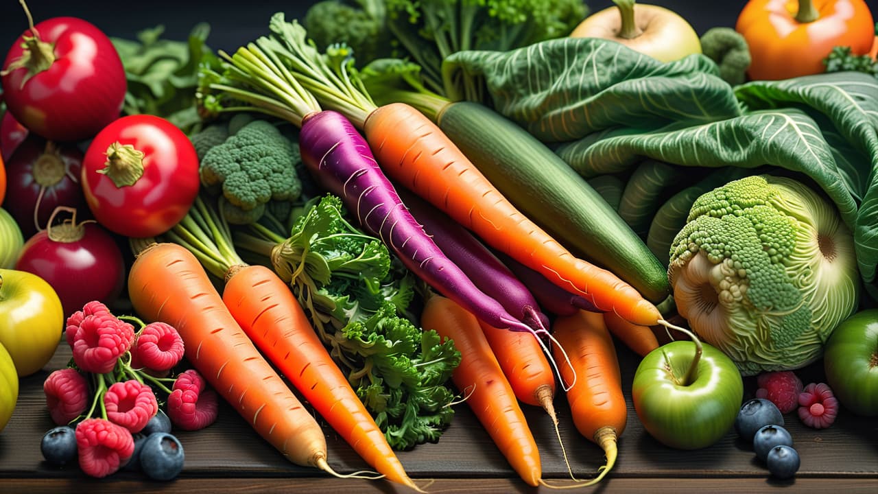  a vibrant table filled with colorful raw fruits and vegetables, featuring a rainbow of textures—crunchy carrots, juicy berries, leafy greens—surrounded by a measuring tape, evoking health and weight loss. hyperrealistic, full body, detailed clothing, highly detailed, cinematic lighting, stunningly beautiful, intricate, sharp focus, f/1. 8, 85mm, (centered image composition), (professionally color graded), ((bright soft diffused light)), volumetric fog, trending on instagram, trending on tumblr, HDR 4K, 8K