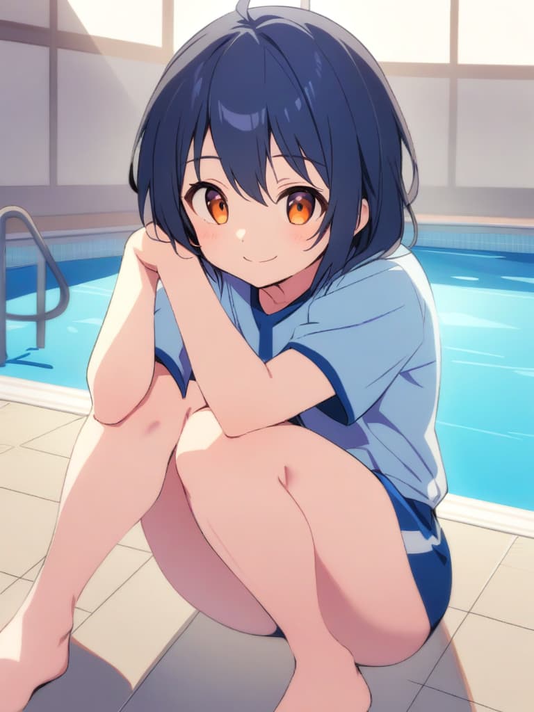  s junior high , (male ), old (dark blue old ), male, chinchin, front, cute smile ( face), bob cut, whole body, pool,