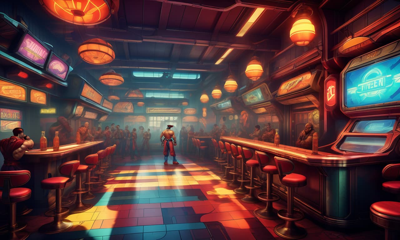  street fighter style retro futuristic tavern, dieselpunk image . vibrant, dynamic, arcade, 2d fighting game, highly detailed, reminiscent of street fighter series