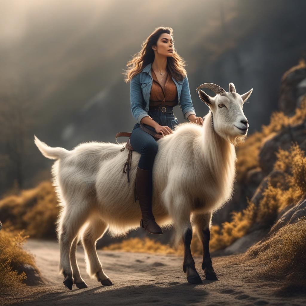  girl riding goat hyperrealistic, full body, detailed clothing, highly detailed, cinematic lighting, stunningly beautiful, intricate, sharp focus, f/1. 8, 85mm, (centered image composition), (professionally color graded), ((bright soft diffused light)), volumetric fog, trending on instagram, trending on tumblr, HDR 4K, 8K