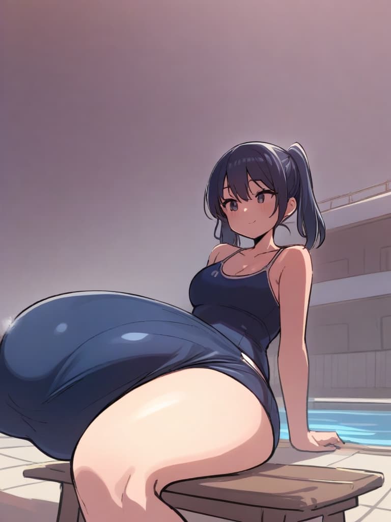  women's elementary students (male), twin tails, cute smiles, (rich s), short stature, dark blue swimwear, old swimwear, swimwear, simple, (bulging), upward, (bulge), front, whole body, pool side, pool side. ,,,