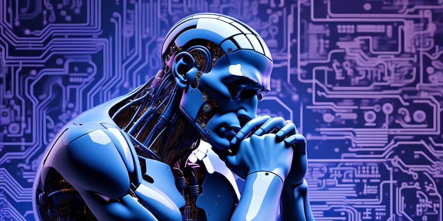  create an ai generated image in a 16:9 aspect ratio. the central figure should be a modern reinterpretation of "the thinker," positioned in the center far right of the frame. the background should feature a blue and purple circuit board aesthetic, giving a tech inspired look. the image should be suitable for use as a banner and thumbnail for a youtube channel titled "the thinking machine."