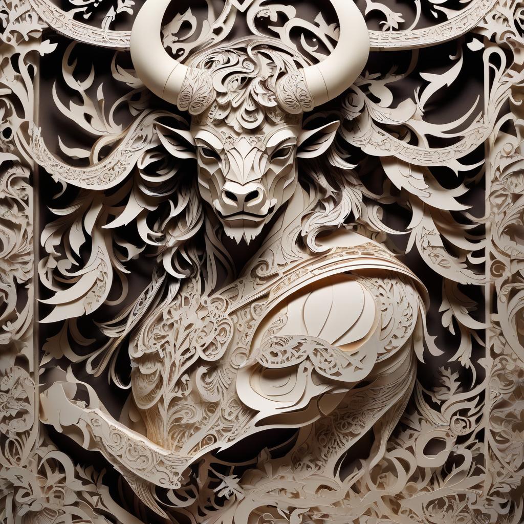  stacked papercut art of renaissance, gothic, fantasy: minotaur. . 3d, layered, dimensional, depth, precision cut, stacked layers, papercut, high contrast