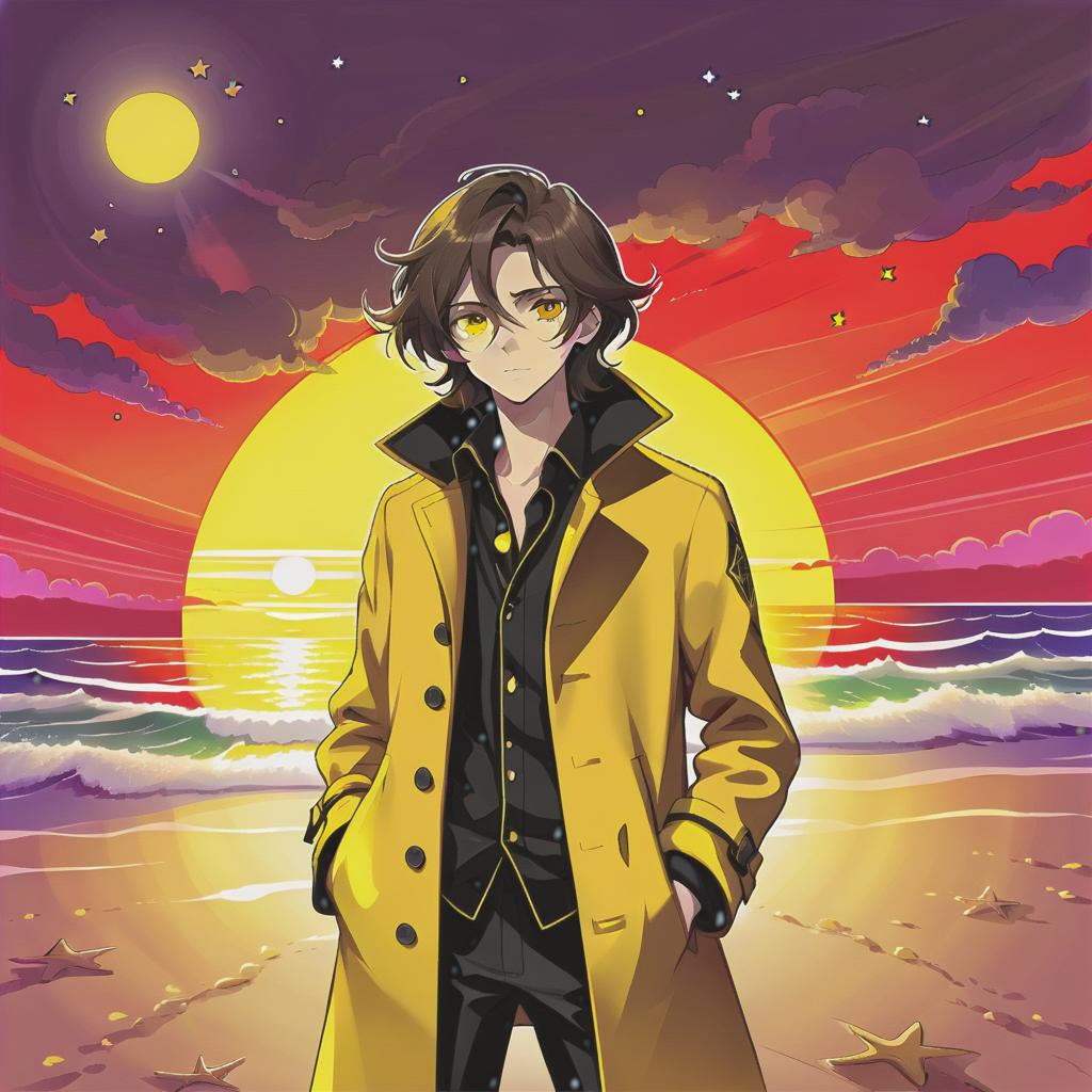  psychedelic style a young man stands alone on the beach. he has long dark brown hair, which flies slightly in the breeze. his face, with pronounced jewish and slavic features, radiates lively energy. brown eyes are full of deep emotions, as if reflecting the vast expanses of the ocean. he wears a bright yellow coat that seems to shine, catching the eye and contrasting with the soft shades of the sunset. under his coat he wears a black shirt and black pants are decorated with yellow elements, creating a stylish and dynamic look. the sunset turns into night, part of the sky is black with stars, and the outgoing red rays fall on the terrain in bright red stripes contrasting with the coming night. the image uses such colors and shades of colors