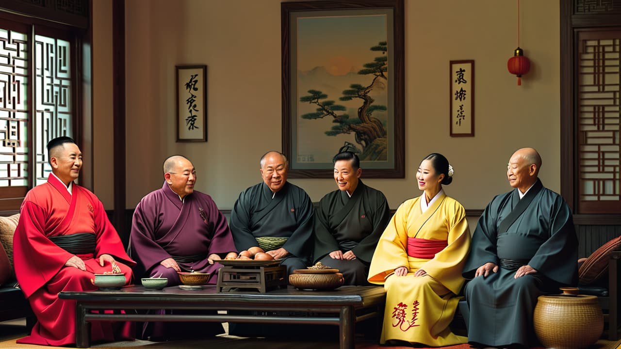  @ image prompt: a serene scene depicting a traditional chinese family gathering, emphasizing respect for elders, with elements of confucian philosophy, such as calligraphy scrolls and symbols of education, set against a backdrop of a harmonious home environment. hyperrealistic, full body, detailed clothing, highly detailed, cinematic lighting, stunningly beautiful, intricate, sharp focus, f/1. 8, 85mm, (centered image composition), (professionally color graded), ((bright soft diffused light)), volumetric fog, trending on instagram, trending on tumblr, HDR 4K, 8K