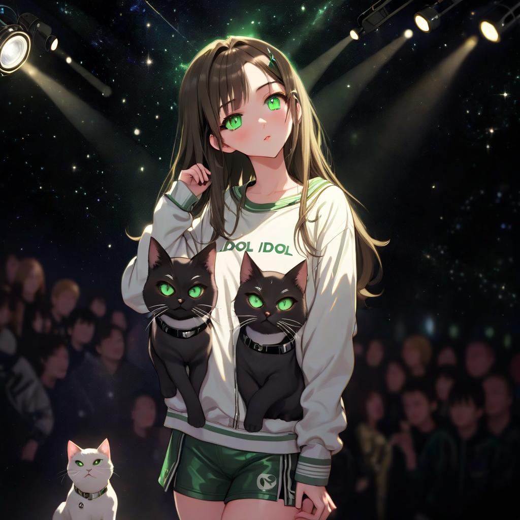  girl with dark green eyes, two cats, spotlights, stage, space in the background, love of music, idol