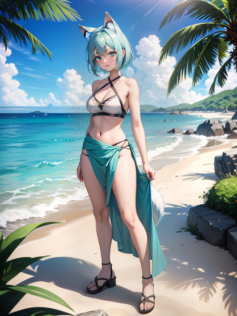  masterpiece,highres,((v ray render)),sense of depth,close view,outdoors,beach,horizon,blue sky,solo,(,wolf ,wolf ears,wolf tail),intelligence,powerful,joyfull,pure white skin,glossy skin,short hair,bob cut,pastel green hair,healthy,curvy,full ,narrow waist,toned arms,legs,swim outfit,separate ,,aqua ,halterneck,criss cross halter,sarong, sarong,standing,bent over,arched back,groin,sandal,