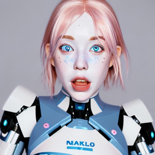  a nordic looking female humanoid robot, extremely and , with a old appearance, lying , s , pink hair, blue eyes, freckles, , and sticking out her tongue.