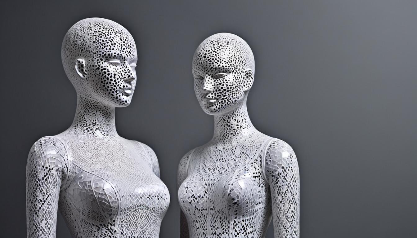  （surrealism)a pair of faceless mannequins dressed in similar clothing, mannequins standing side by side, clothes detailed with intricate patterns, plain background to emphasize the figures, imitation, mimicry mystic, intricate details, best quality)