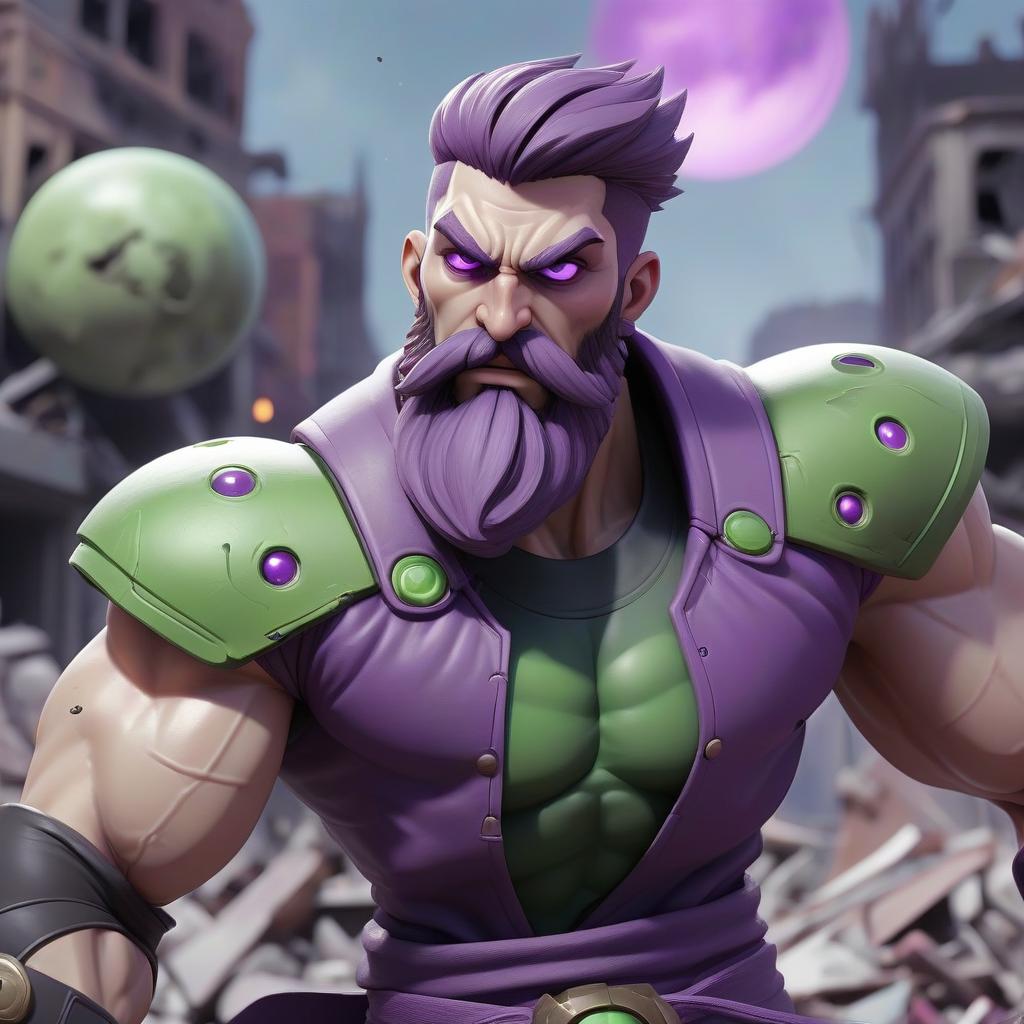  fighting game style the fallen protector of the universe is a man of lean build, with a beard and a short haircut. the left eyeball is purple. the right eye is green. standing against the backdrop of a destroyed planet. possesses a powerful force of destruction. . dynamic, vibrant, action packed, detailed character design, reminiscent of fighting video games, hkmagic