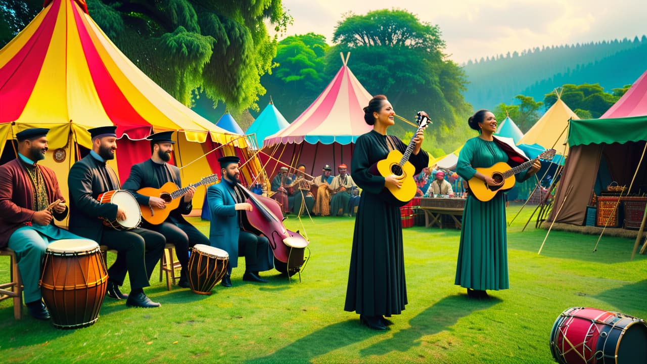  a vibrant scene depicting diverse musicians playing traditional folk instruments outdoors, surrounded by lush greenery, colorful tents, and a joyful audience swaying to the music, capturing the essence of folk culture and community. hyperrealistic, full body, detailed clothing, highly detailed, cinematic lighting, stunningly beautiful, intricate, sharp focus, f/1. 8, 85mm, (centered image composition), (professionally color graded), ((bright soft diffused light)), volumetric fog, trending on instagram, trending on tumblr, HDR 4K, 8K