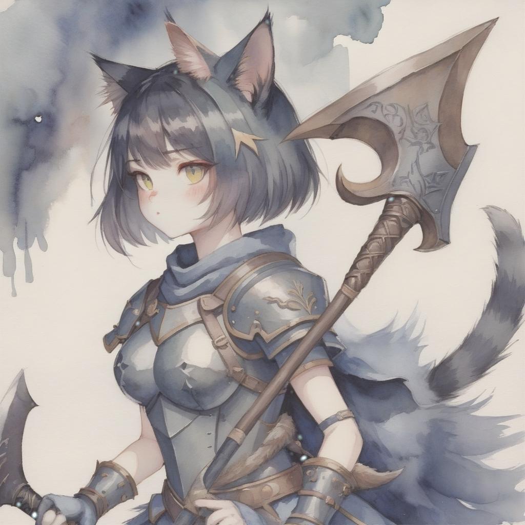  watercolor painting girl, cat's ears, cat's tail, armor, battle axe, fantasy, girl cat, painted style, dark tones, big army. . vibrant, beautiful, painterly, detailed, textural, artistic