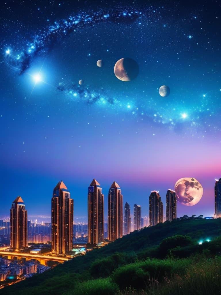  beautiful alive city of the future at night with three moons in the sky and it is night with beautiful colorful stars