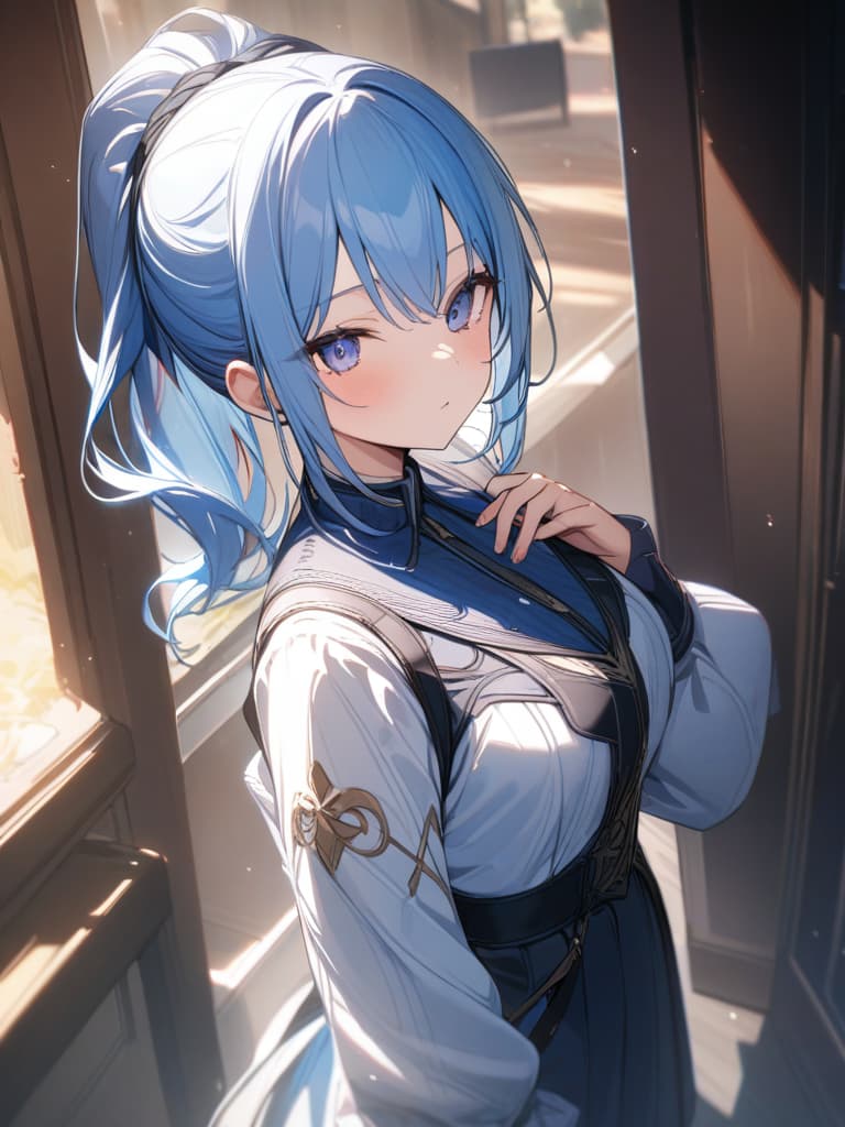  beautiful girl, light blue hair character, ponytail, moe sleeve, masterpiece, best quality,8k,ultra detailed,high resolution,an extremely delicate and beautiful,hyper detail