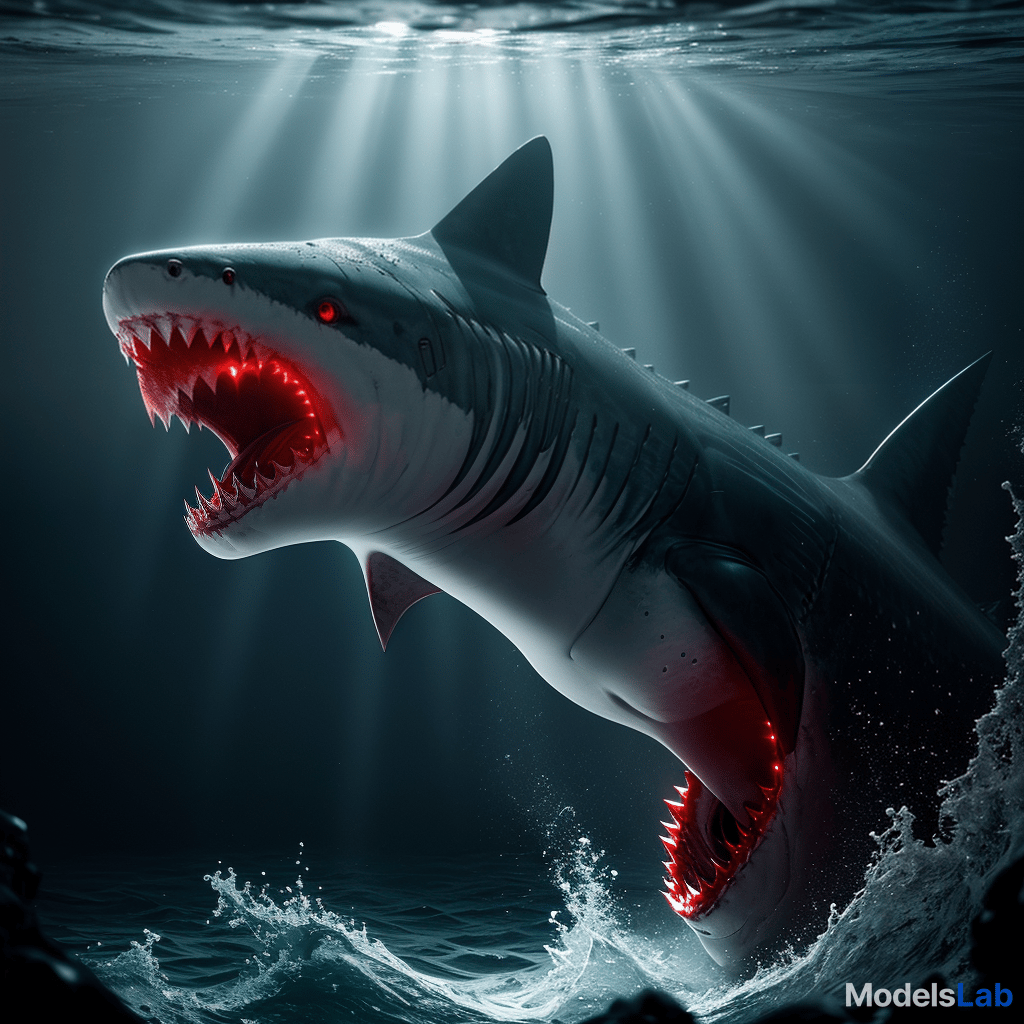  a realistic 8k portrait of a terrifying shark deep in the ocean at night, with its mouth wide open. the shark's eyes and mouth emit an intense red light, illuminating the surrounding dark water. the ocean is dimly lit with deep blue and black tones, creating a menacing atmosphere. the red glow casts shadows around the shark, highlighting its sharp teeth and adding a supernatural, horror like effect. subtle light rays from above barely penetrate the murky water, adding to the eerie, otherworldly feel of the scene. hyperrealistic, full body, detailed clothing, highly detailed, cinematic lighting, stunningly beautiful, intricate, sharp focus, f/1. 8, 85mm, (centered image composition), (professionally color graded), ((bright soft diffused light)), volumetric fog, trending on instagram, trending on tumblr, HDR 4K, 8K