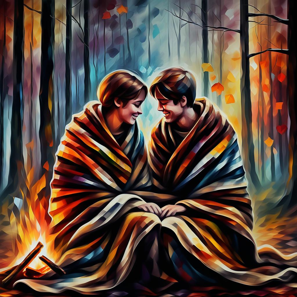  (style of leonid afremov:1.5), two young people in love, wrapped in blankets, sit in front of a fire in an autumn forest, holding hands, epic realism, anime features, dark fantasy, abstract horror, desaturated color palette, gothic and renaissance aesthetic, (happy smiles:1.4 ),