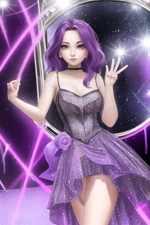  Violeta has purple hair. She is holding a mirror ball